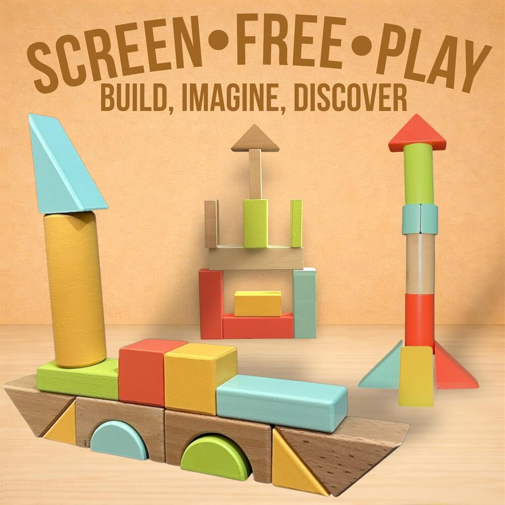 100-Piece Wood Building Blocks Set, Heavy Duty Shape-Sorter Lid & Bucket, Pastel - Picture 2 of 6